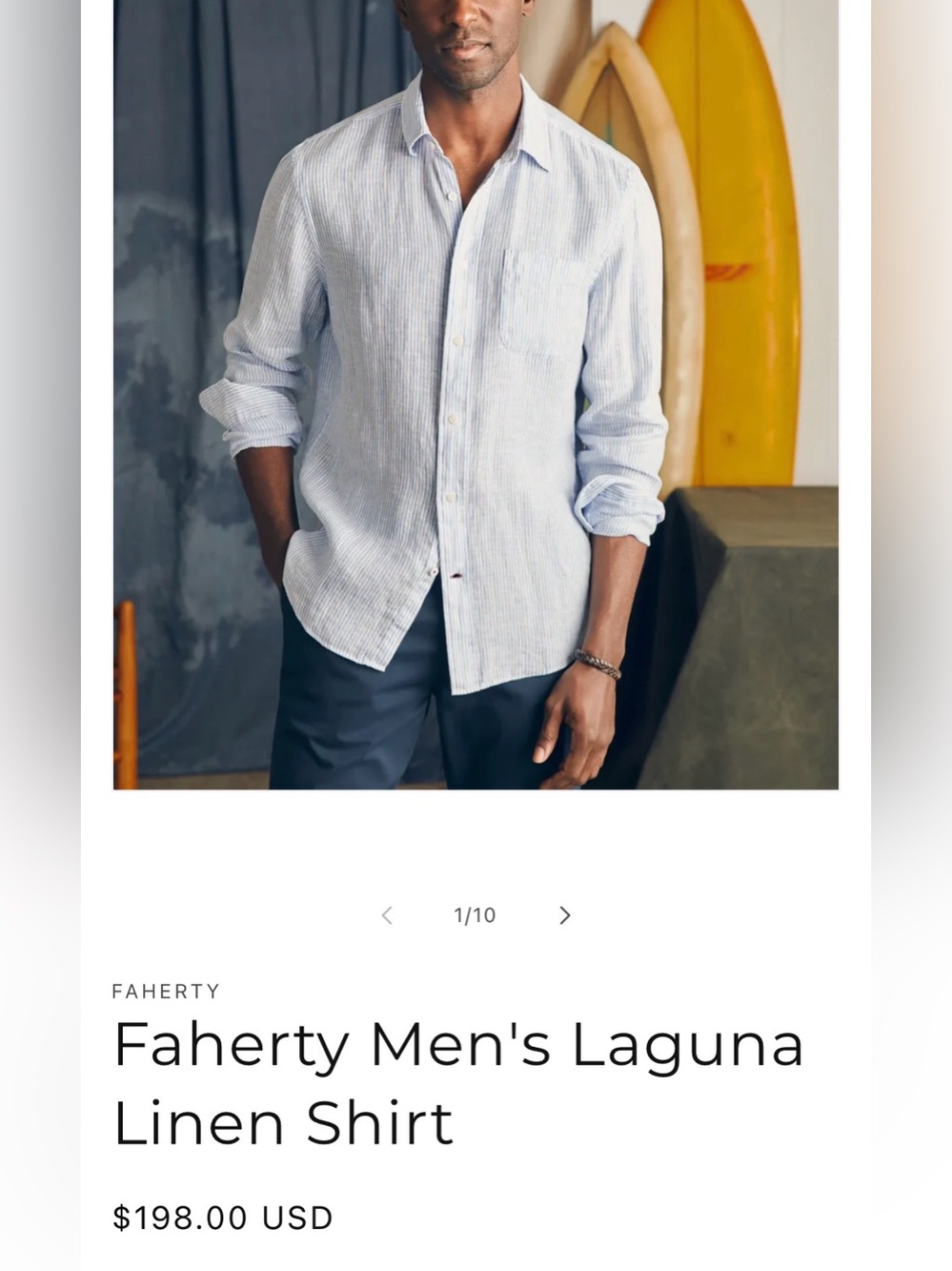 Faherty Men’s Laguna Linen Shirt Blue/White Striped Size Large